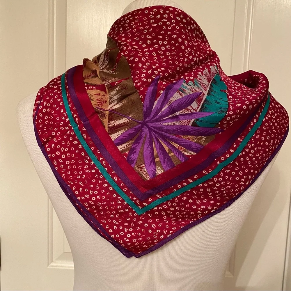 VERA SCARF VINTAGE RED WHITE PURPLE GREEN BROWN FROND PALM LEAVES SILK SQUARE